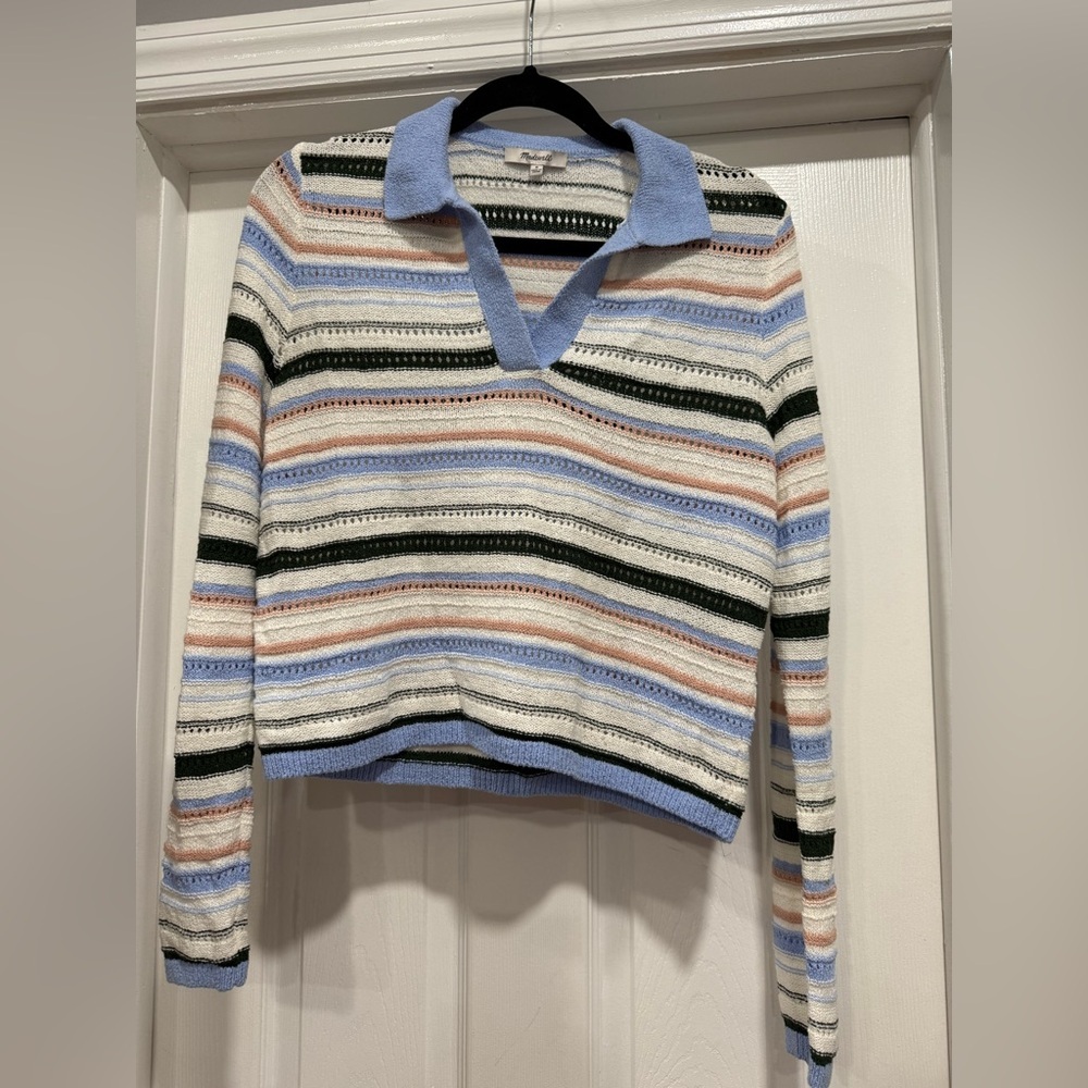 Madewell Blue and Cream Striped V-Neck Sweater